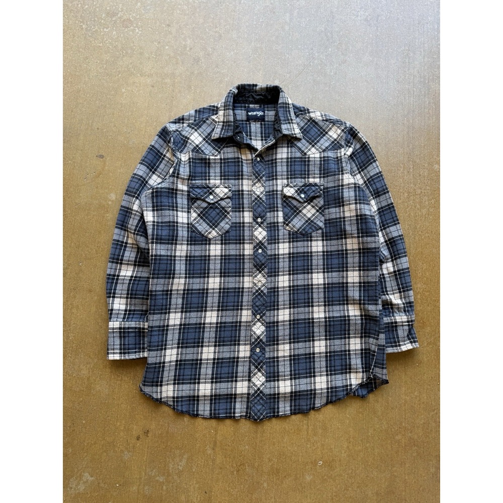 VTG Wrangler Cotton Striped Heavy Plaid Western Pearl Snap Button Up Shirt XL